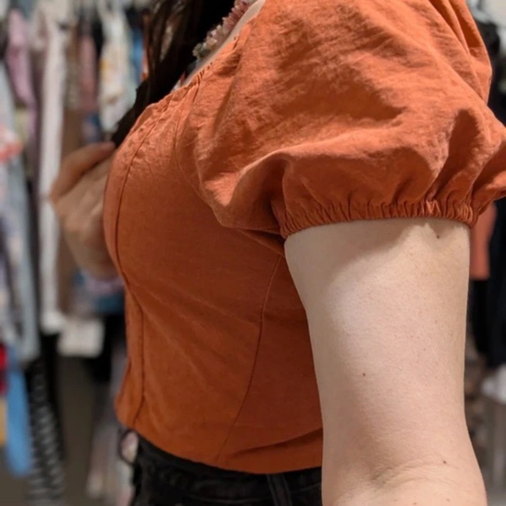 iris Rust Orange Square-Neck Puff Sleeve Crop Top - Picture 2 of 4